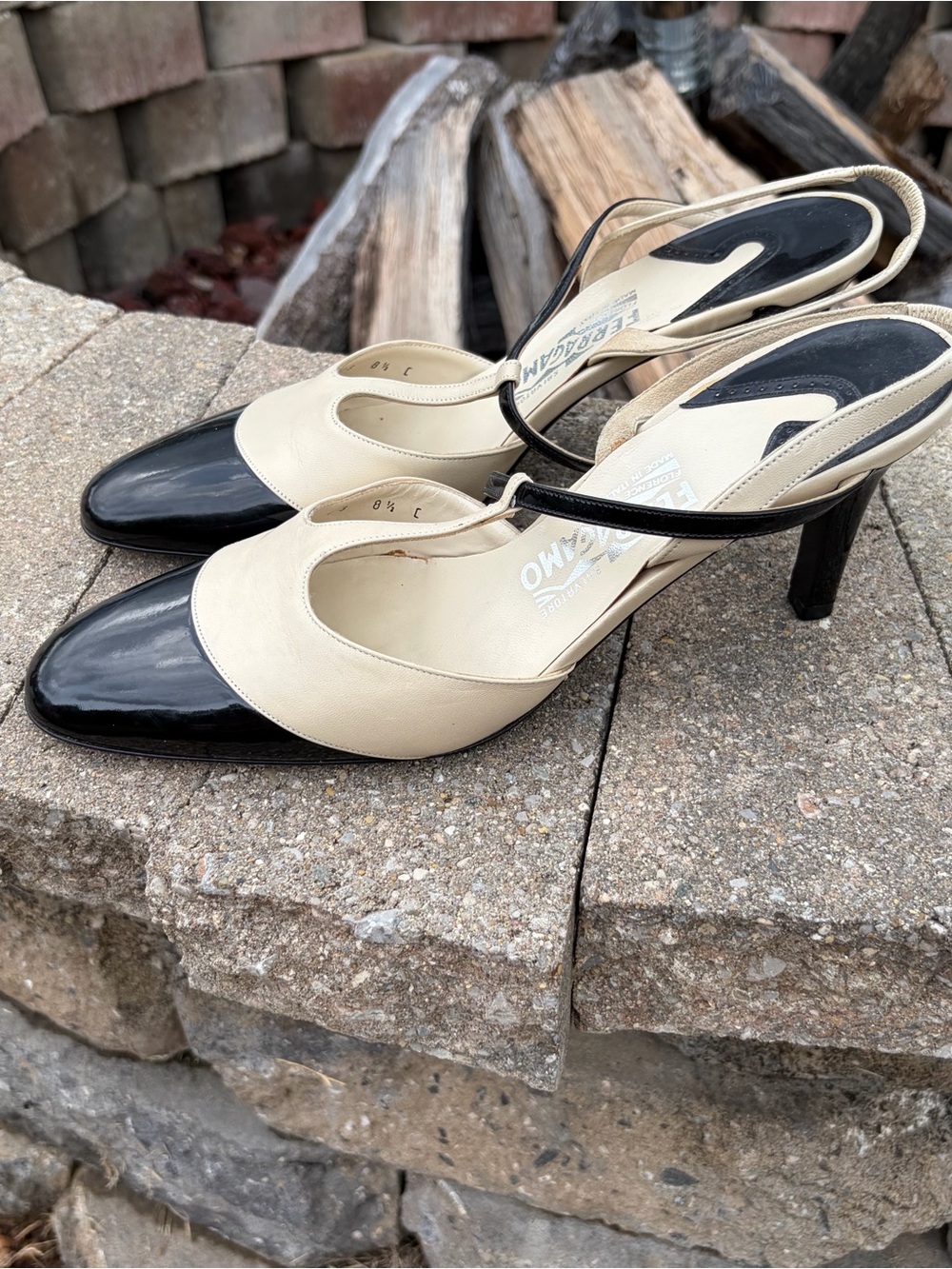 Salvatore Ferragamo Vintage Two-Tone T-Strap Slingback Heels - Picture 7 of 7
